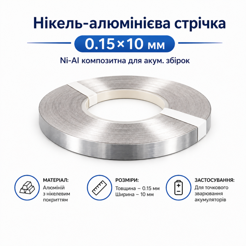 Ni-Al стрічка 0.15x10 мм нікель-алюміній композитна для точкового зварювання акумуляторів