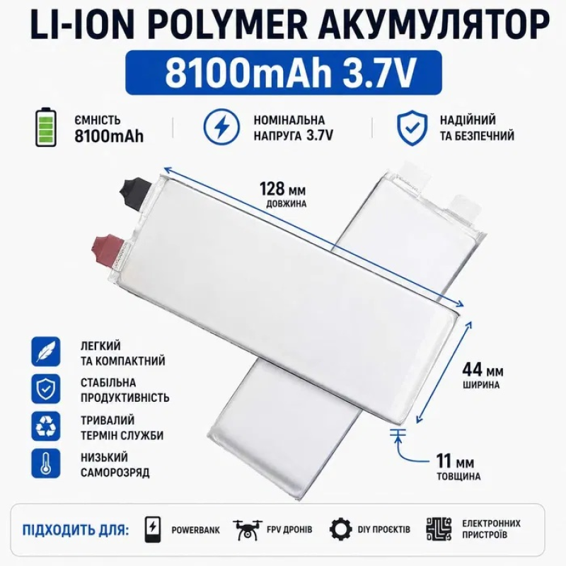 Li-ion Polymer акумулятор 8100mAh 3.7V 128x44x11 мм Grade A